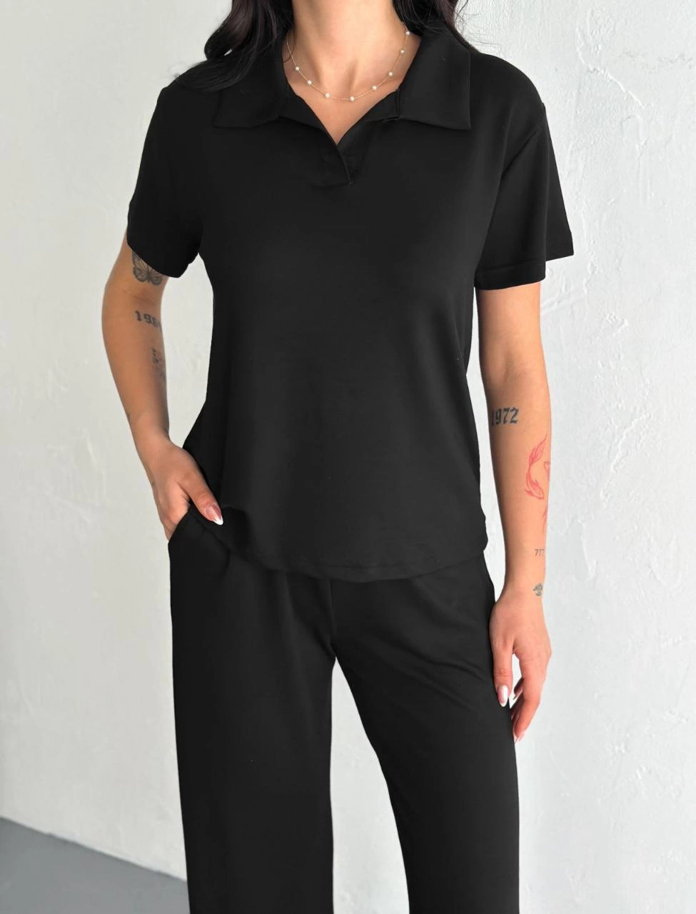 ASSEMA Kadın Osy Modal Yumuşak Dokulu Kumaş Kısa Kollu Yakalı T-shirt Pantalon ikili Takım- Siyah
