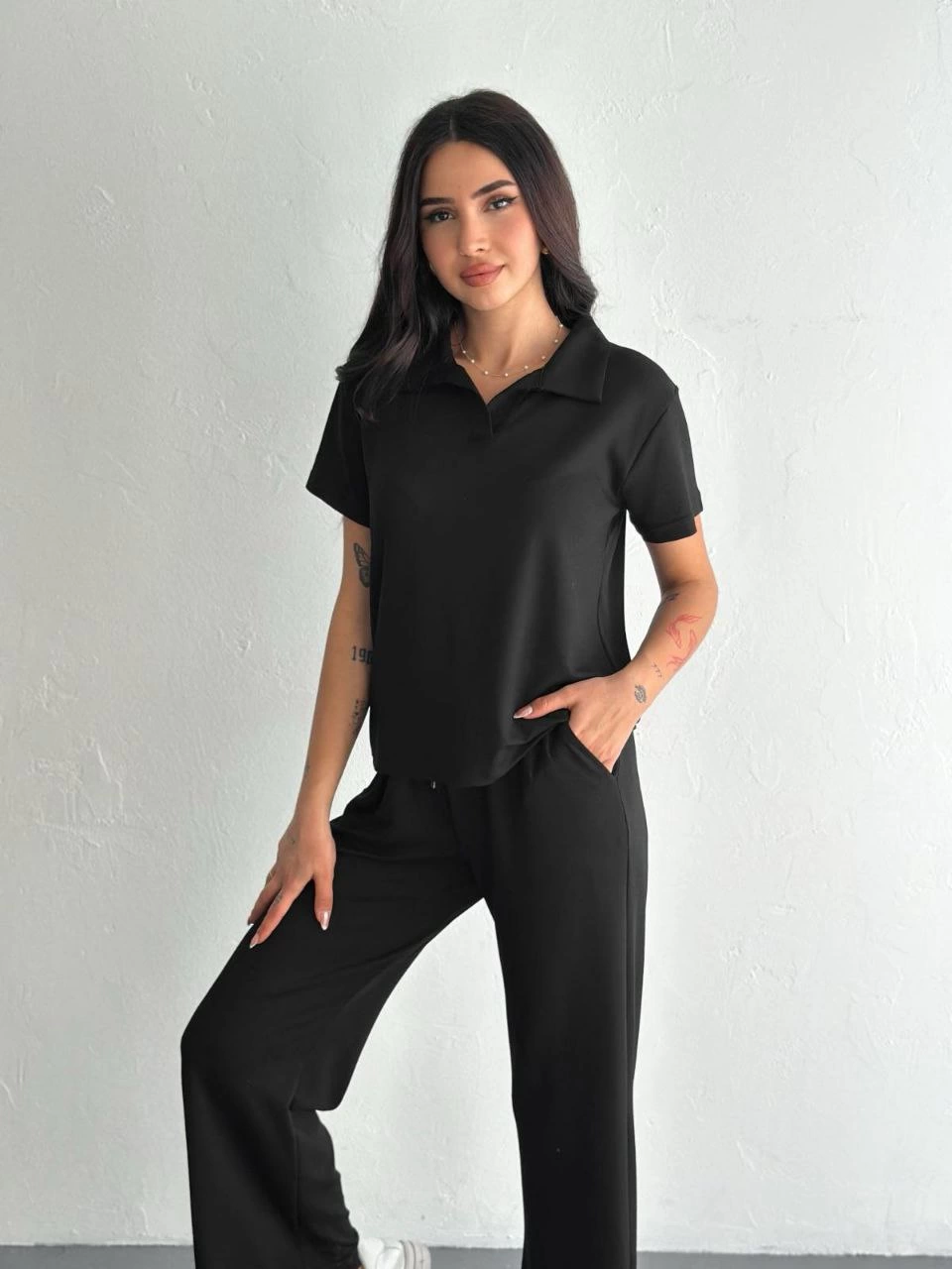 ASSEMA Kadın Osy Modal Yumuşak Dokulu Kumaş Kısa Kollu Yakalı T-shirt Pantalon ikili Takım- Siyah