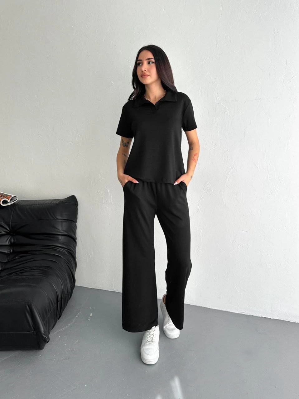 ASSEMA Kadın Osy Modal Yumuşak Dokulu Kumaş Kısa Kollu Yakalı T-shirt Pantalon ikili Takım- Siyah