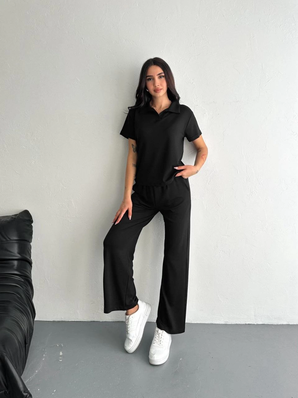 ASSEMA Kadın Osy Modal Yumuşak Dokulu Kumaş Kısa Kollu Yakalı T-shirt Pantalon ikili Takım- Siyah