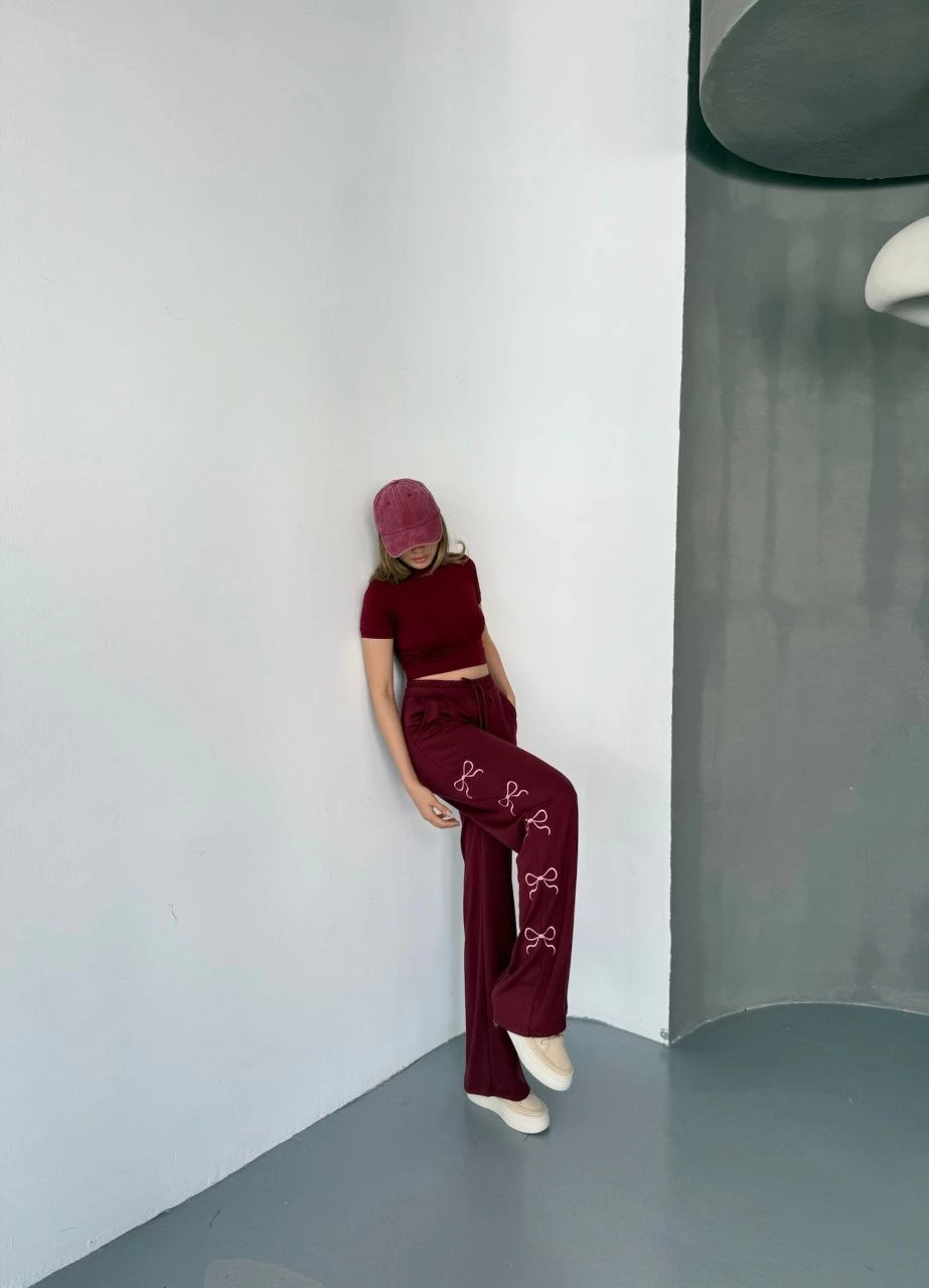 ASSEMA Kadın Osy Modal Yumuşak Dokulu Kumaş Nakış işlemeli Rahat Bol Paça Eşofman Pantalon - Bordo