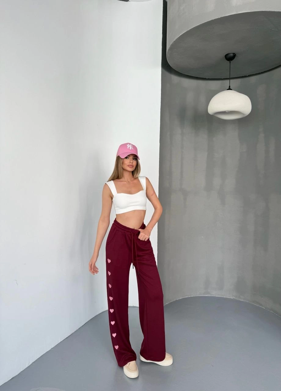 ASSEMA Kadın Osy Modal Yumuşak Dokulu Kumaş Nakış işlemeli Rahat Bol Paça Eşofman Pantalon - Bordo