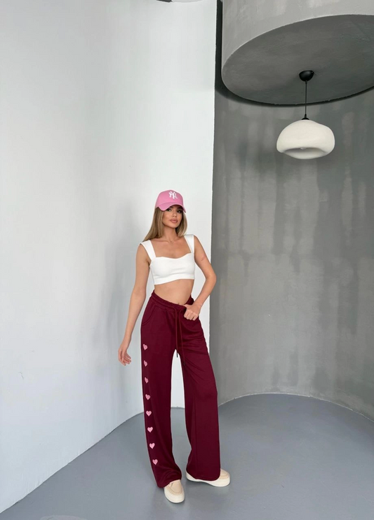 ASSEMA Kadın Osy Modal Yumuşak Dokulu Kumaş Nakış işlemeli Rahat Bol Paça Eşofman Pantalon - Bordo