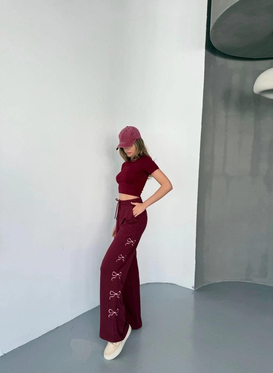 ASSEMA Kadın Osy Modal Yumuşak Dokulu Kumaş Nakış işlemeli Rahat Bol Paça Eşofman Pantalon - Bordo