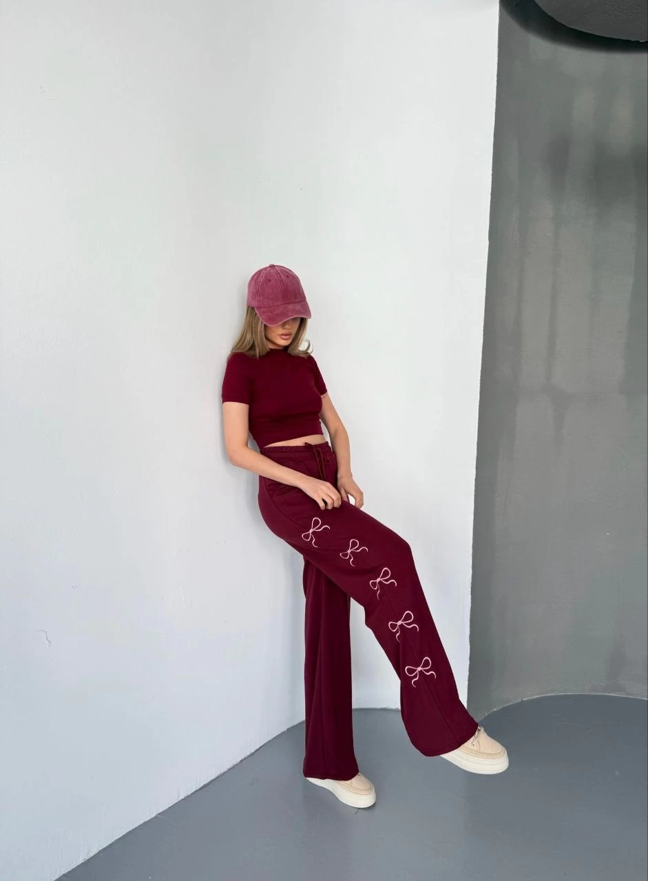 ASSEMA Kadın Osy Modal Yumuşak Dokulu Kumaş Nakış işlemeli Rahat Bol Paça Eşofman Pantalon - Bordo