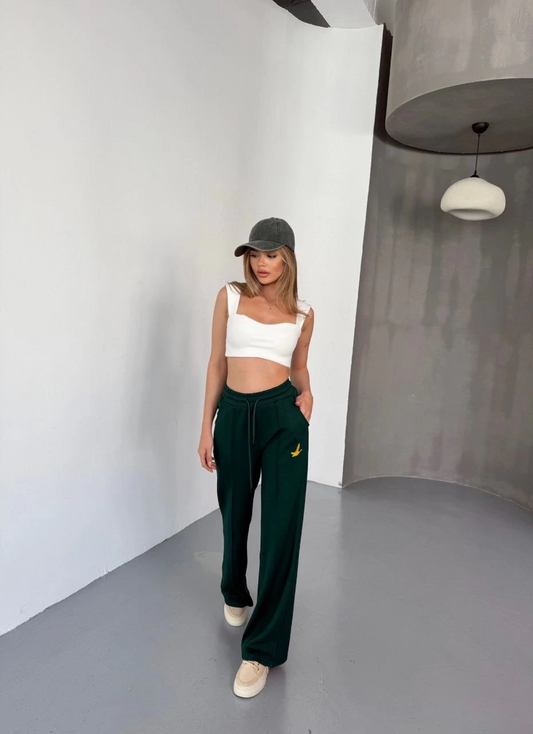 ASSEMA Kadın Osy Modal Yumuşak Dokulu Kumaş Nakış işlemeli Rahat Bol Paça Eşofman Pantalon - Yeşil
