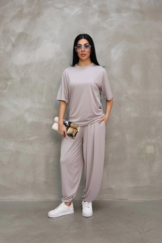 ASSEMA Kadın Osy Modal Yumuşak Dokulu Oversize Bisiklet Yaka Jogger Eşofman Altı Eşofman Takımı - Gri