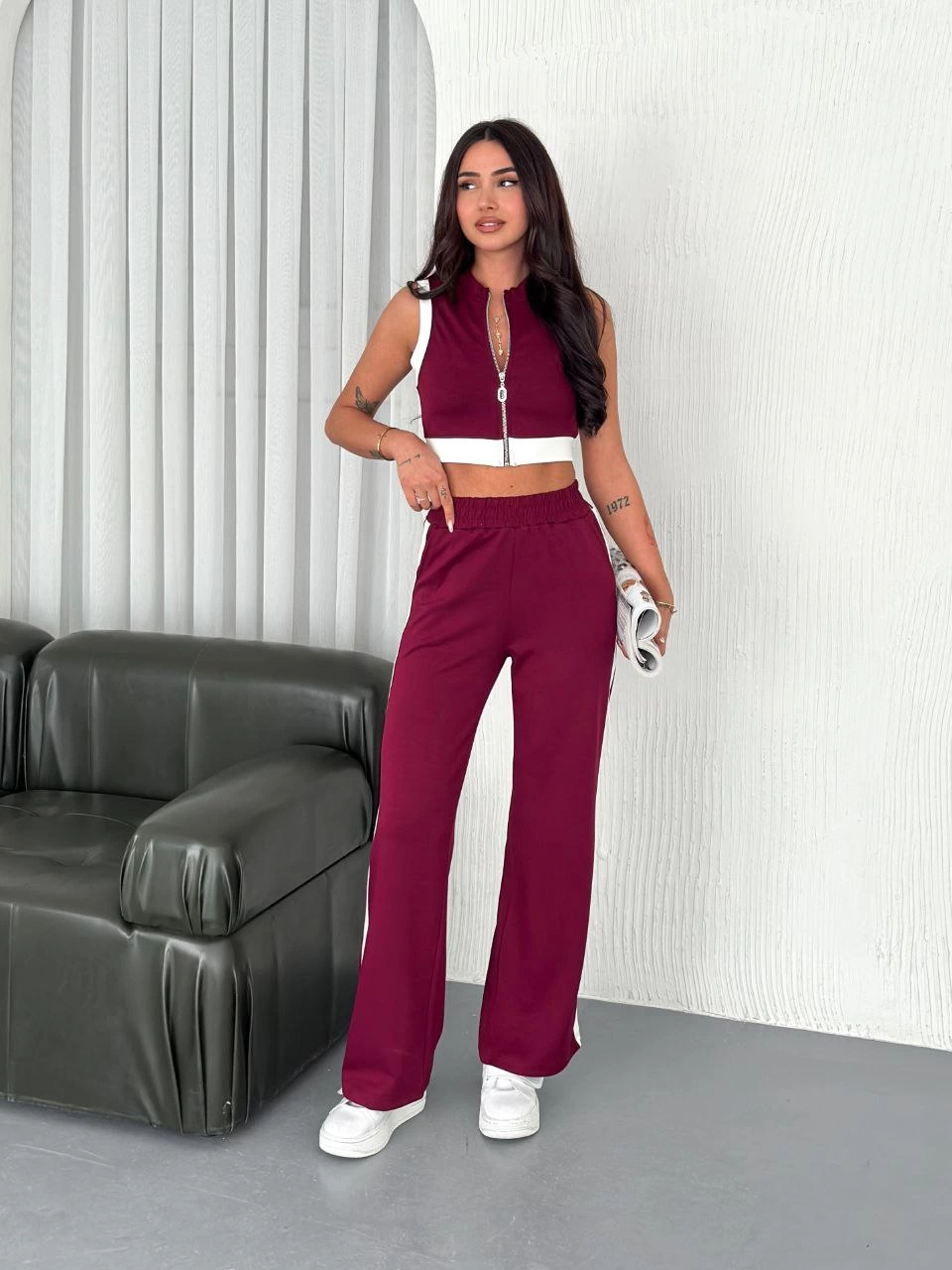 ASSEMA Kadın Osy Modal Yumuşak Dokulu Kumaş Tam Fermuarlı Crop Pantalon İkili Takım - Bordo