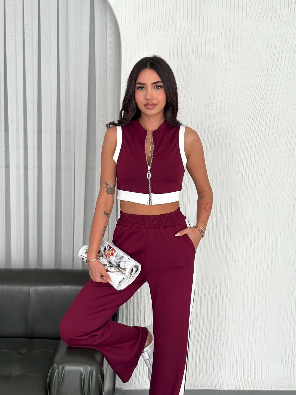 ASSEMA Kadın Osy Modal Yumuşak Dokulu Kumaş Tam Fermuarlı Crop Pantalon İkili Takım - Bordo