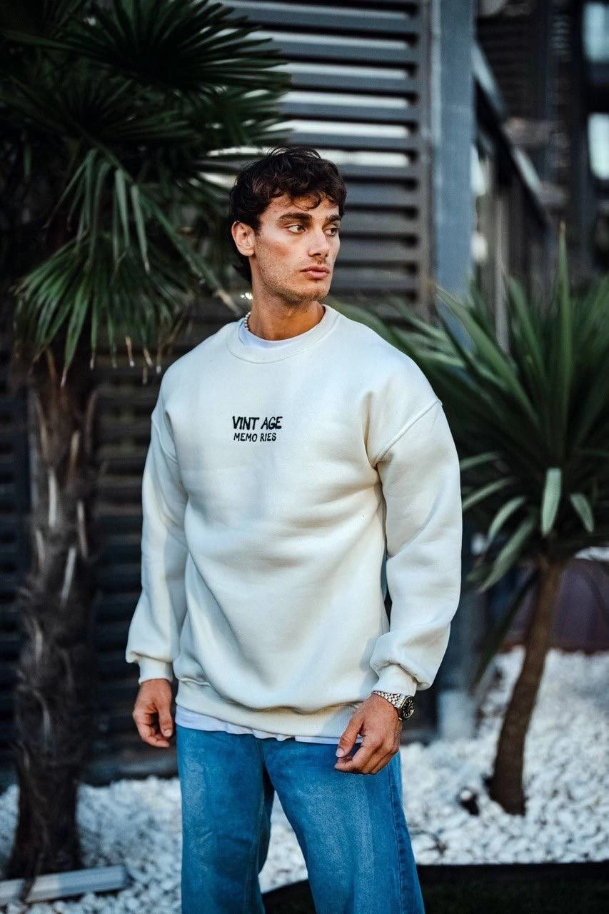 ASSEMA Erkek Oversize Bisiklet Yaka Üç İplik Baskılı SweatShirt - Beyaz