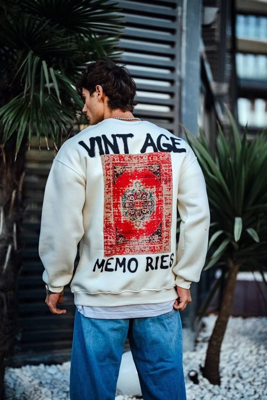 ASSEMA Erkek Oversize Bisiklet Yaka Üç İplik Baskılı SweatShirt - Beyaz