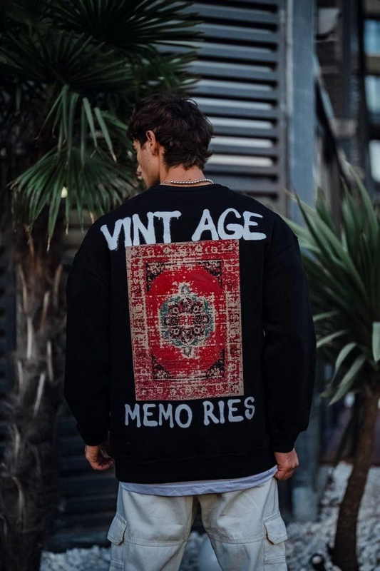 ASSEMA Erkek Oversize Bisiklet Yaka Üç İplik Baskılı SweatShirt - Siyah