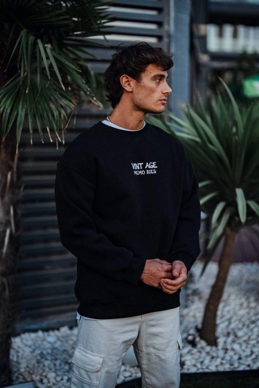 ASSEMA Erkek Oversize Bisiklet Yaka Üç İplik Baskılı SweatShirt - Siyah