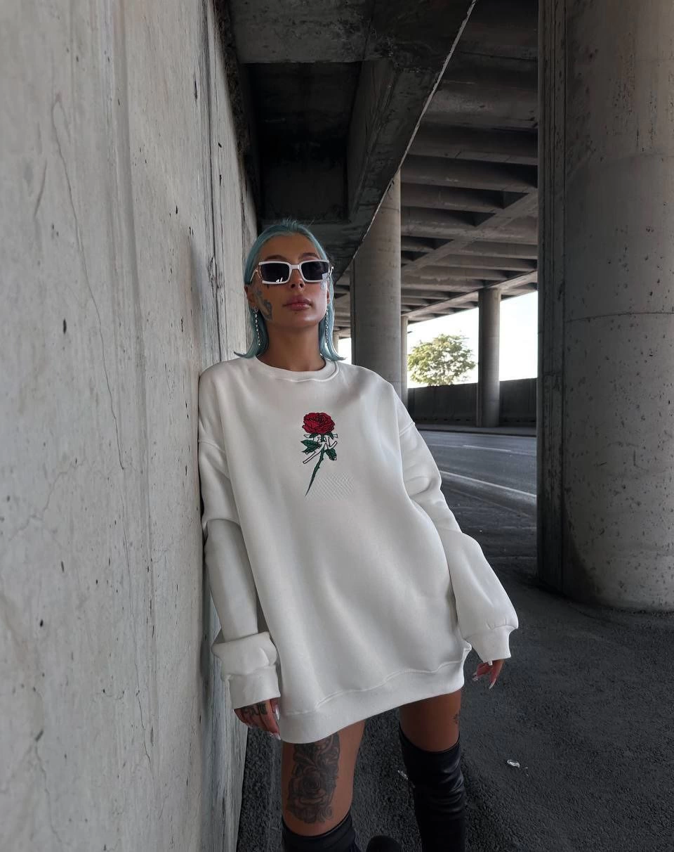 ASSEMA Kadın 3 iplik Pamuklu Bisiklet Yaka Ön Ve Arka Baskılı SweatShirt -  Beyaz
