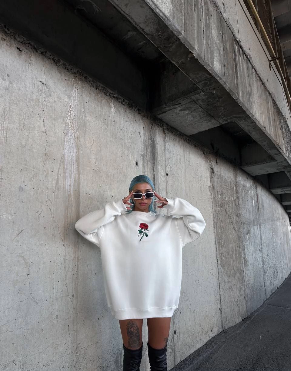 ASSEMA Kadın 3 iplik Pamuklu Bisiklet Yaka Ön Ve Arka Baskılı SweatShirt -  Beyaz