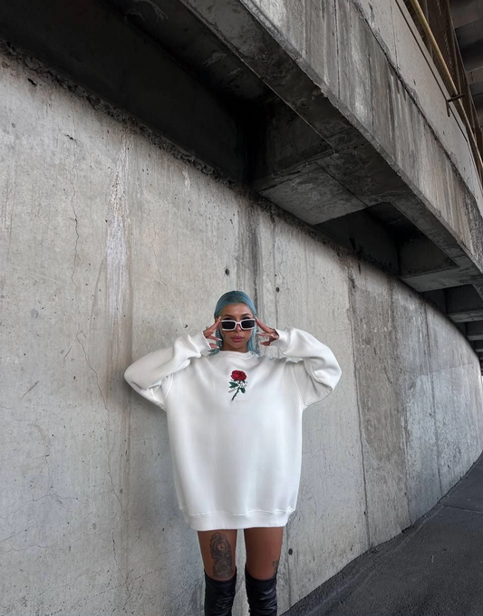 ASSEMA Kadın 3 iplik Pamuklu Bisiklet Yaka Ön Ve Arka Baskılı SweatShirt -  Beyaz
