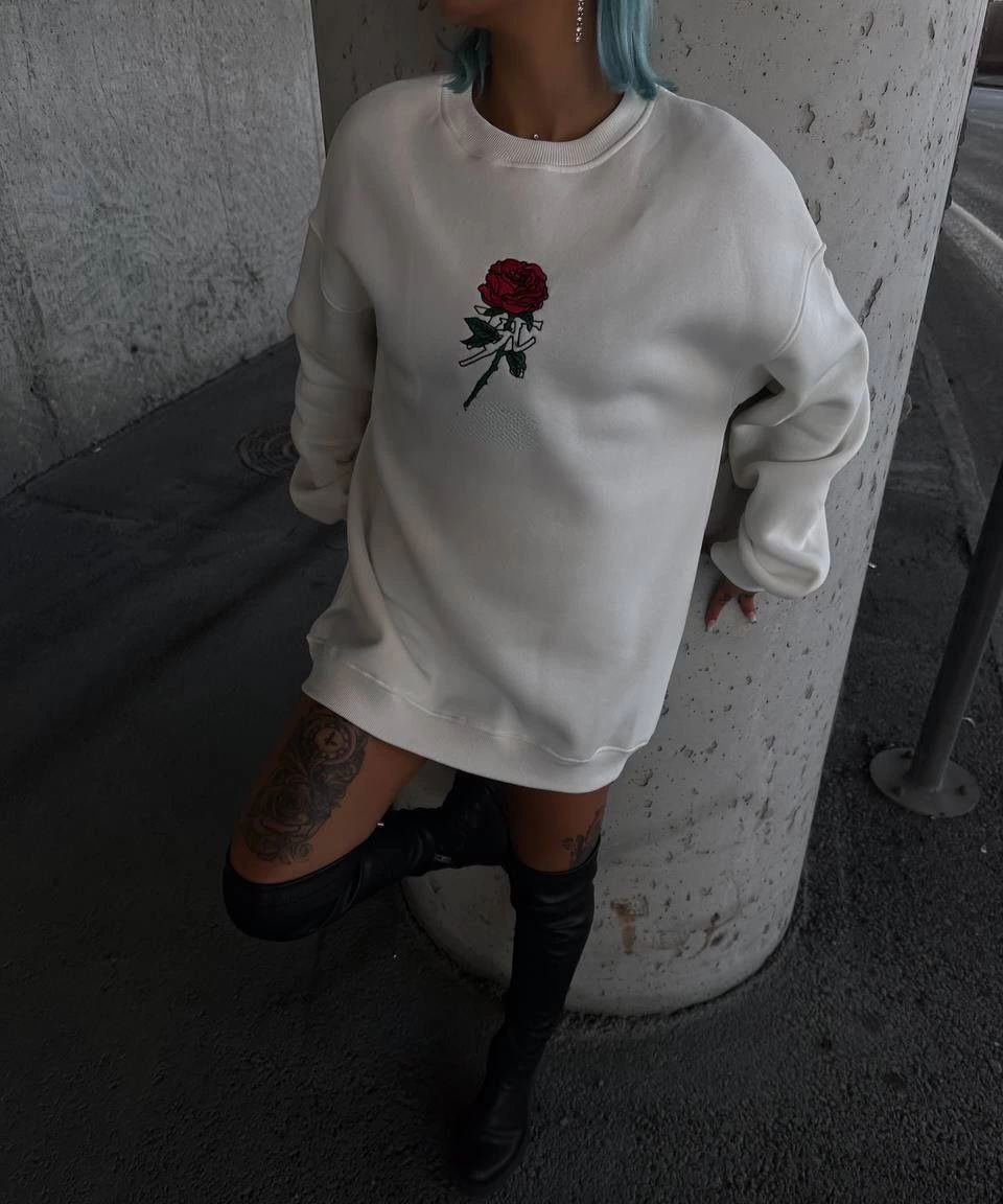 ASSEMA Kadın 3 iplik Pamuklu Bisiklet Yaka Ön Ve Arka Baskılı SweatShirt -  Beyaz