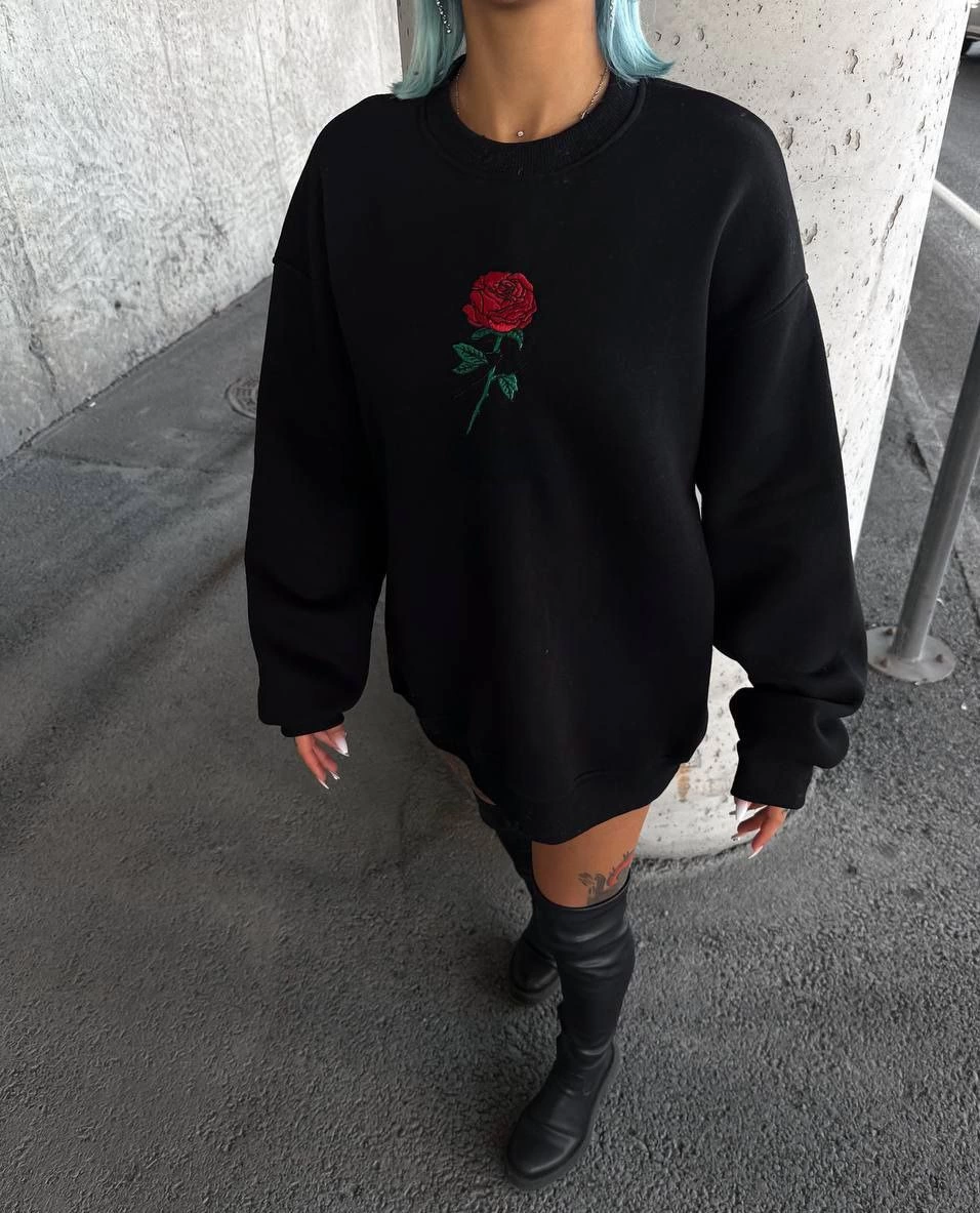 ASSEMA Kadın 3 iplik Pamuklu Bisiklet Yaka Ön Ve Arka Baskılı SweatShirt -  Siyah