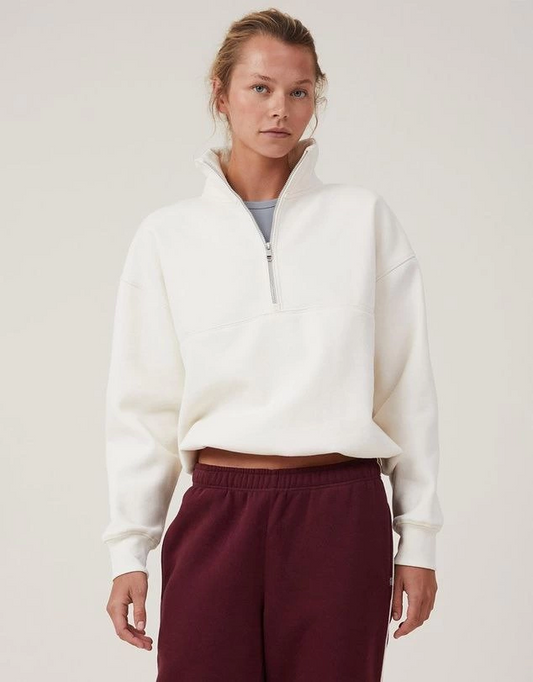 ASSEMA Kadın üç iplik pamuklu Oversize Yarım Farmuarlı Yakalı Basic SweatShirt - Beyaz