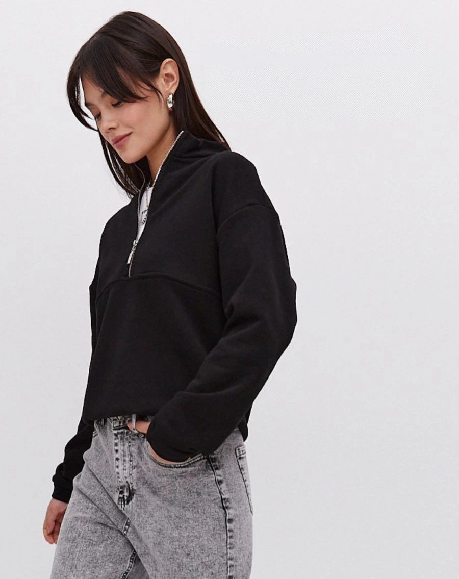 ASSEMA Kadın üç iplik Oversize Yarım Farmuarlı Yakalı Basic SweatShirt - Siyah
