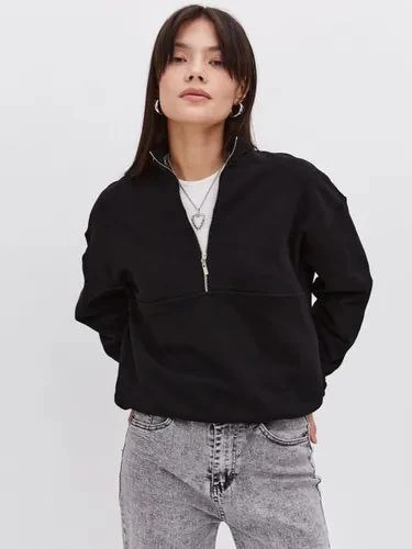 ASSEMA Kadın üç iplik Oversize Yarım Farmuarlı Yakalı Basic SweatShirt - Siyah