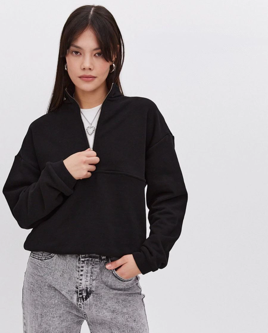 ASSEMA Kadın üç iplik Oversize Yarım Farmuarlı Yakalı Basic SweatShirt - Siyah
