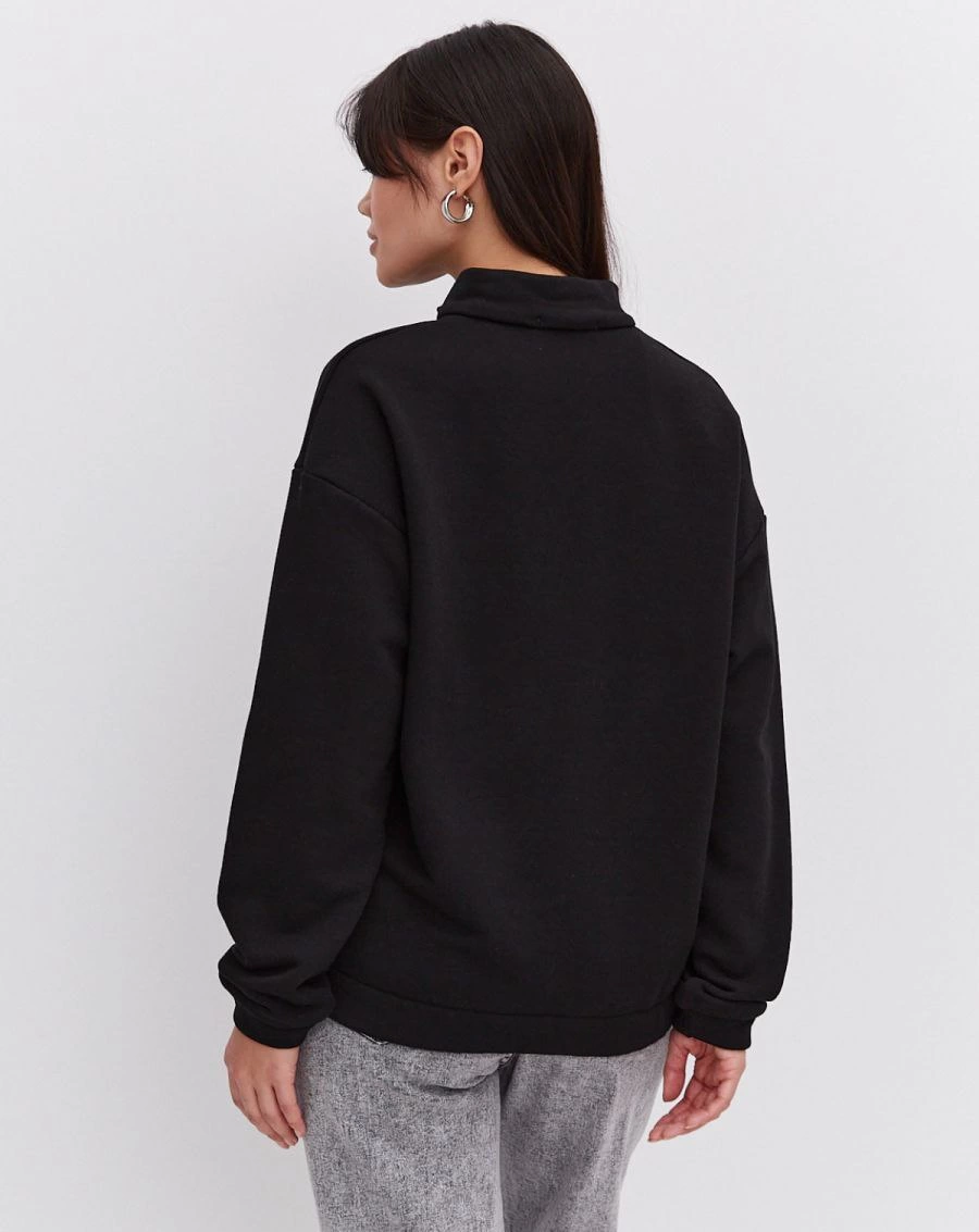 ASSEMA Kadın üç iplik Oversize Yarım Farmuarlı Yakalı Basic SweatShirt - Siyah
