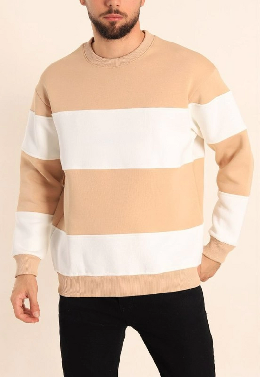 ASSEMA Erkek üç iplik pamuklu Parçalı Bisiklet Yaka Baskılı SweatShirt - Bej