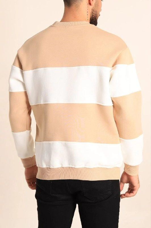 ASSEMA Erkek üç iplik pamuklu Parçalı Bisiklet Yaka Baskılı SweatShirt - Bej
