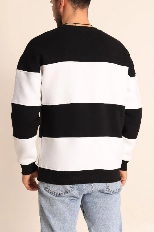 ASSEMA Erkek üç iplik pamuklu Parçalı Bisiklet Yaka Baskılı SweatShirt - Siyah