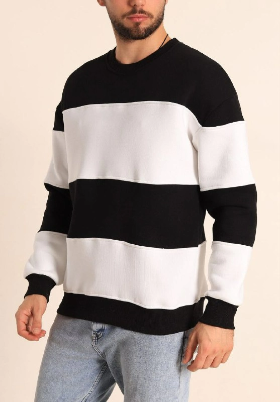 ASSEMA Erkek üç iplik pamuklu Parçalı Bisiklet Yaka Baskılı SweatShirt - Siyah