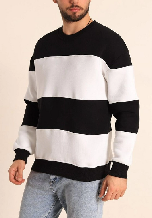 ASSEMA Erkek üç iplik pamuklu Parçalı Bisiklet Yaka Baskılı SweatShirt - Siyah