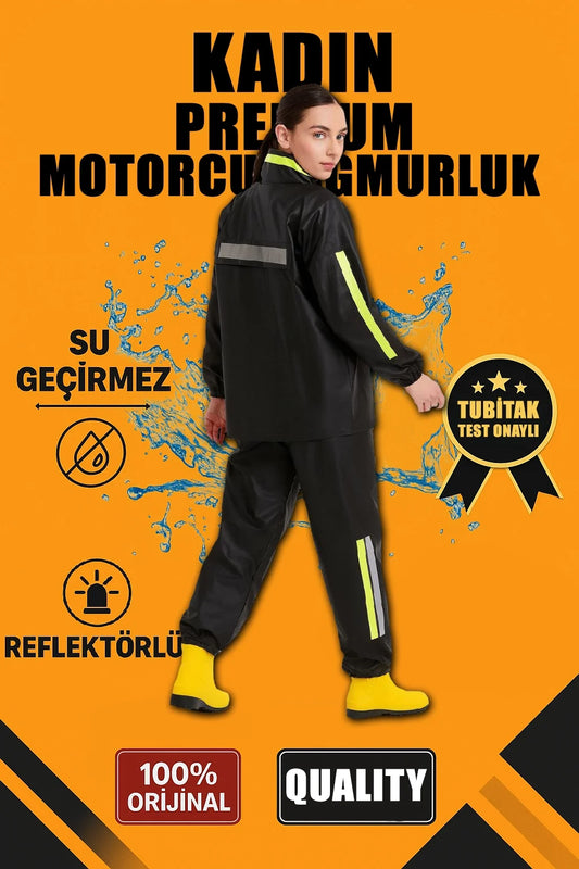 ASSEMA Kadın Premium Motorcu Kurye Yağmurluk Takım Su Geçirmez PVC Reflektörlü  - Siyah