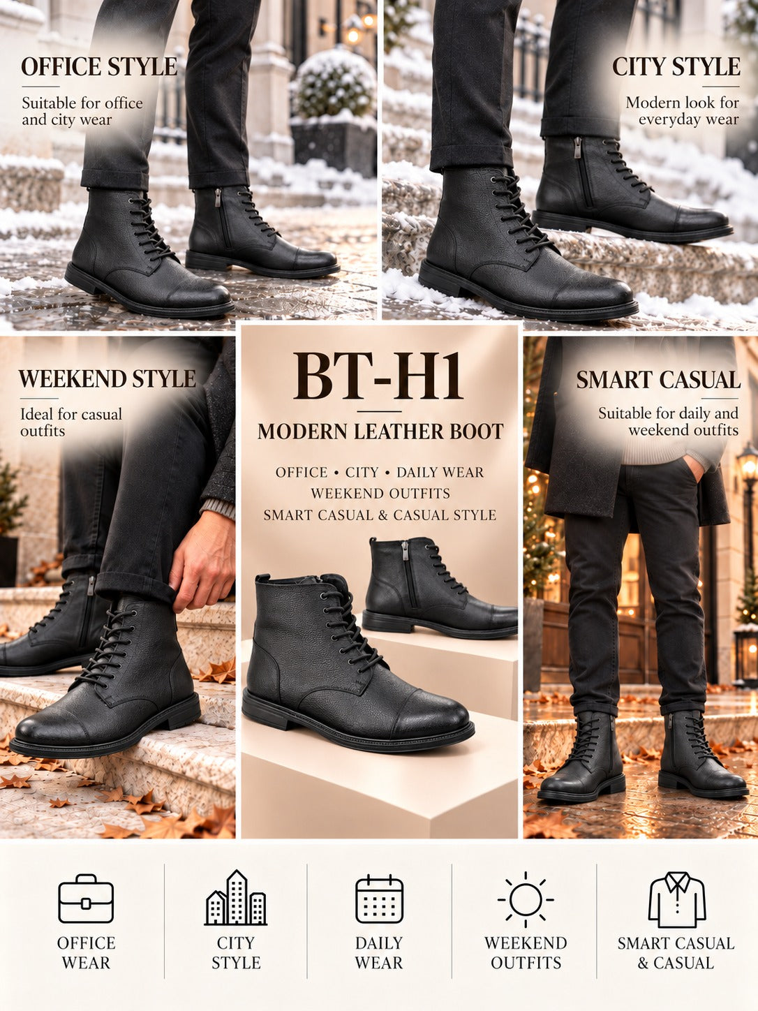 BayTuluk BT-H1 Siyah Hakiki Deri Fermuarlı Günlük Erkek Bot