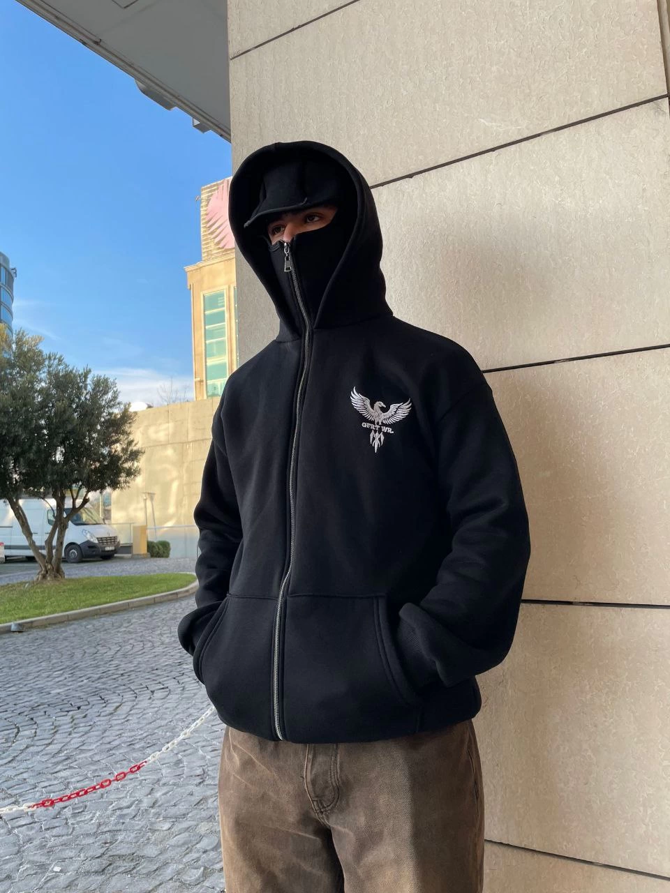 ASSEMA Erkek üç iplik Samuray kapüşonlu ZIP Fermuarlı SweatShirt - Siyah