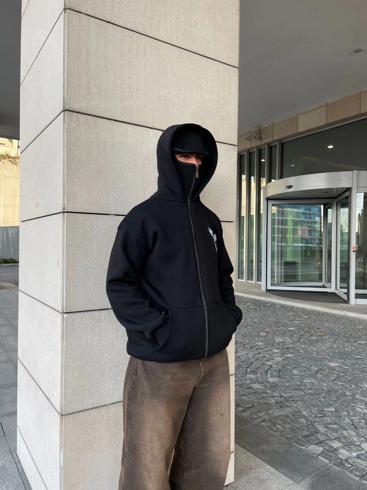ASSEMA Erkek üç iplik Samuray kapüşonlu ZIP Fermuarlı SweatShirt - Siyah