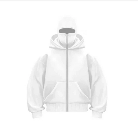 ASSEMA Samuray Ninja Çift Kapşonlu ZIP Fermuarlı Kanguru Çepli Tam Fermuarlı Hoodie Swetshirt - Beyaz