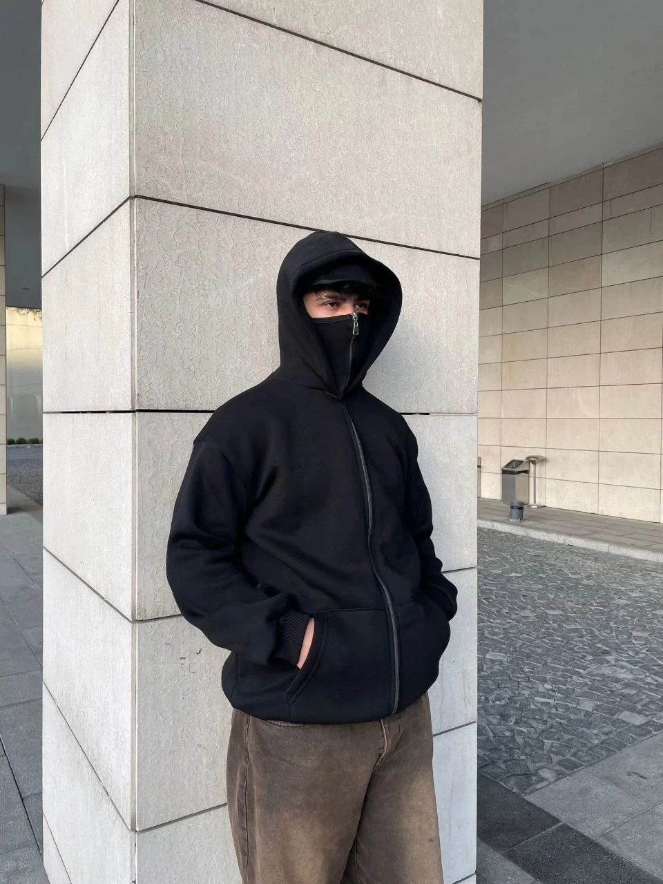 ASSEMA Samuray Ninja Çift Kapşonlu ZIP Fermuarlı Kanguru Çepli Tam Fermuarlı Hoodie Swetshirt - Siyah