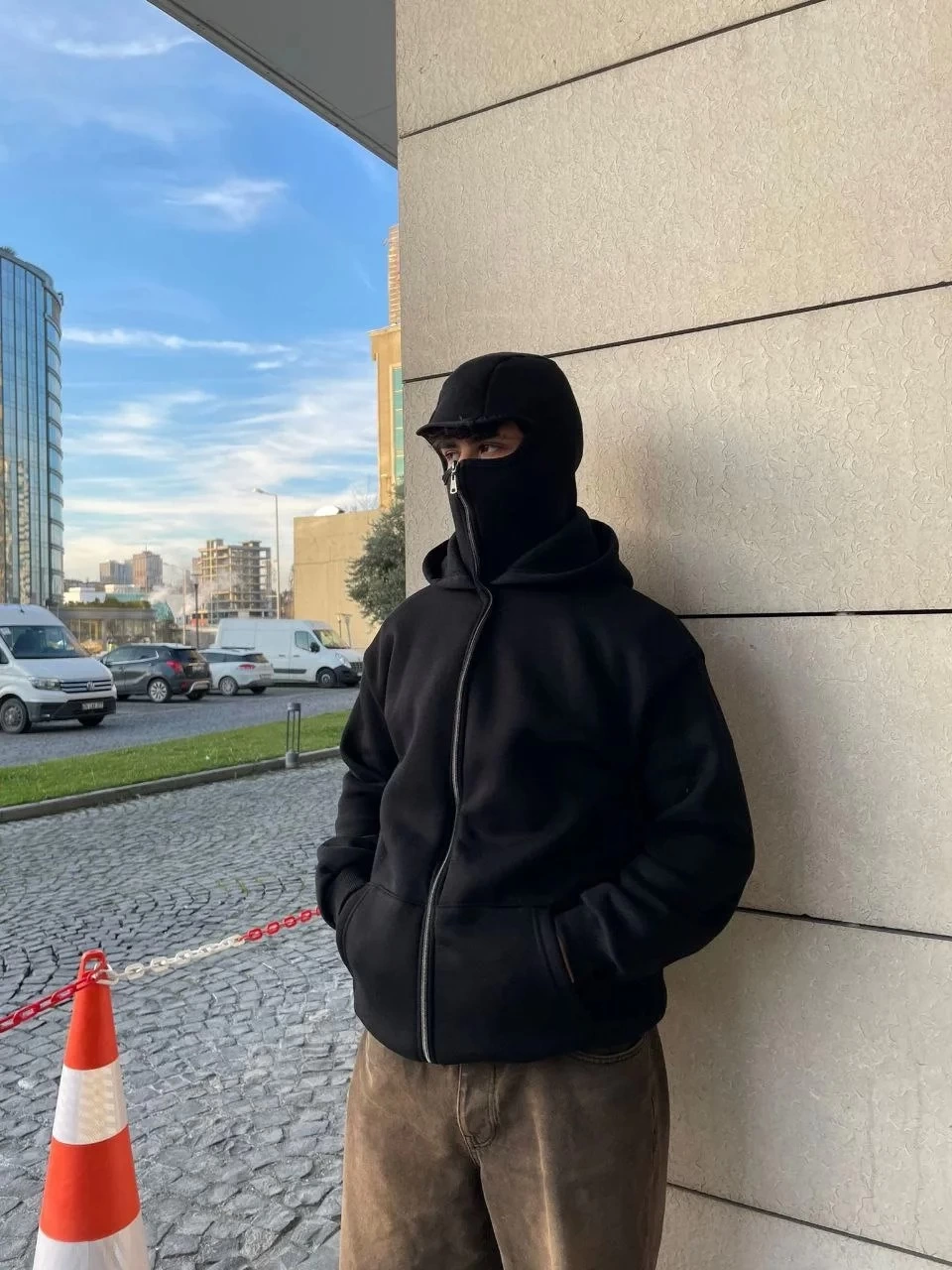 ASSEMA Samuray Ninja Çift Kapşonlu ZIP Fermuarlı Kanguru Çepli Tam Fermuarlı Hoodie Swetshirt - Siyah