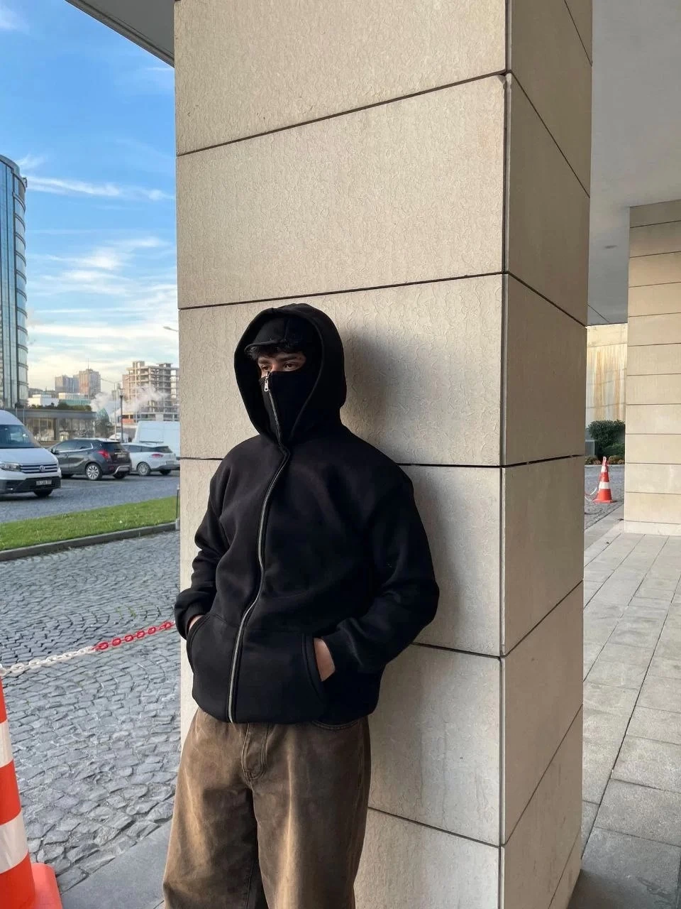 ASSEMA Samuray Ninja Çift Kapşonlu ZIP Fermuarlı Kanguru Çepli Tam Fermuarlı Hoodie Swetshirt - Siyah