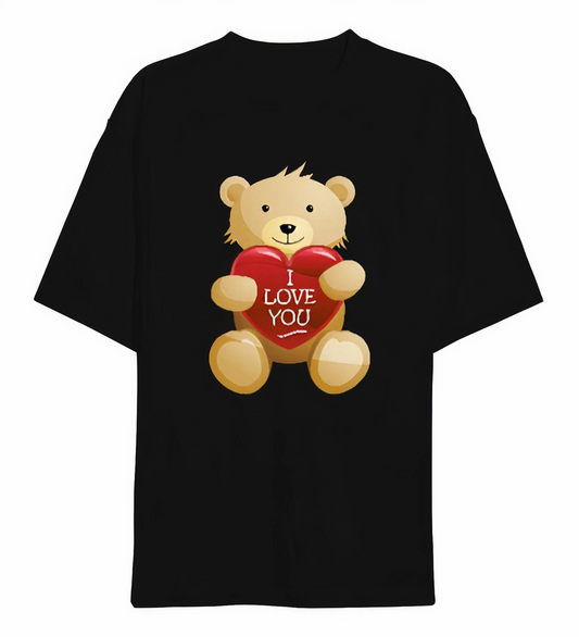 ASSEMA Sevgililer Günü İçin Özel Tasarım I Love You Ayı Baskılı T-shirt - Siyah