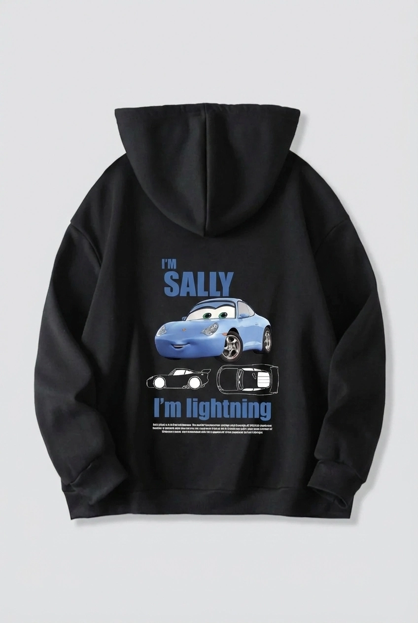 ASSEMA Sevgililer Günü Özel Kapüşonlu Araba Baskılı Oversize Sweatshirt - Siyah