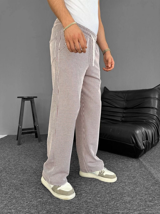 ASSEMA Erkek Su Yolu Çizgili Cepli Pantalon Yazlık - Kahverengi