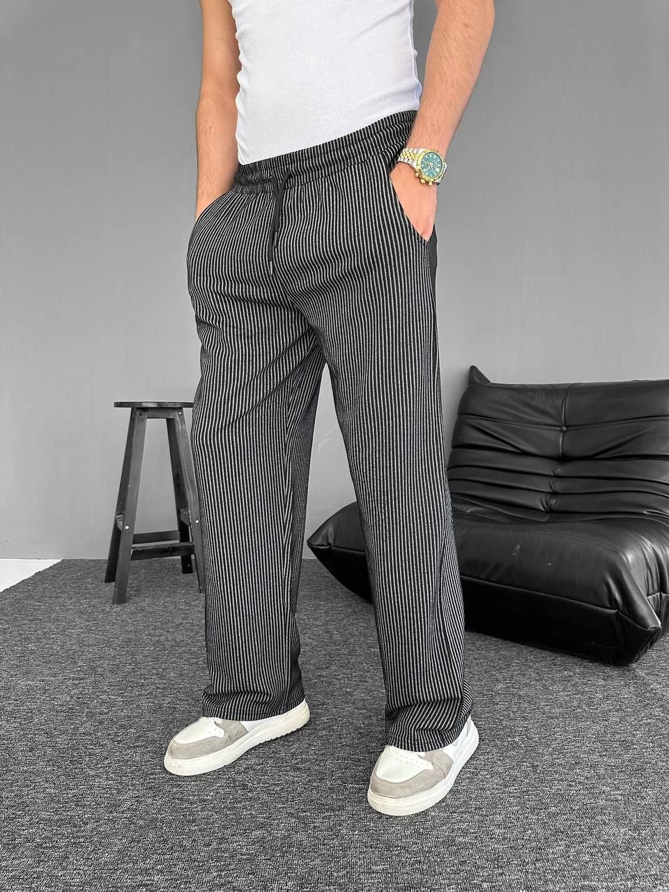 ASSEMA Su Yolu Çizgili Cepli Pantalon - Siyah