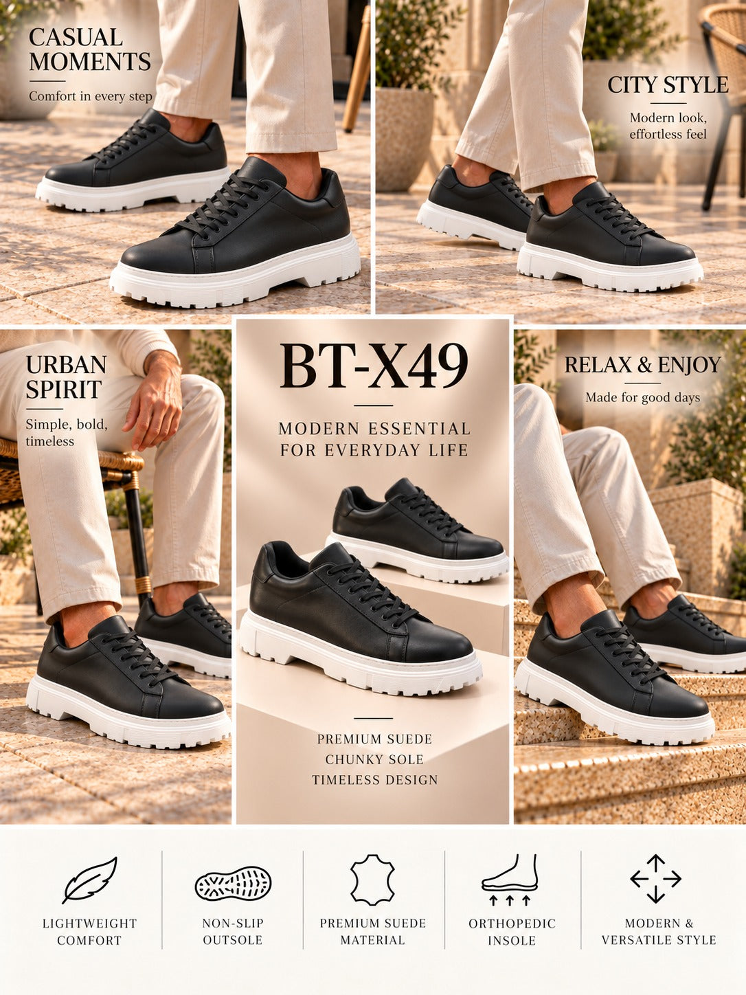 BayTuluk BT-X49 Siyah Cilt Beyaz Yüksek Taban Bağcıklı Erkek Günlük Ayakkabı