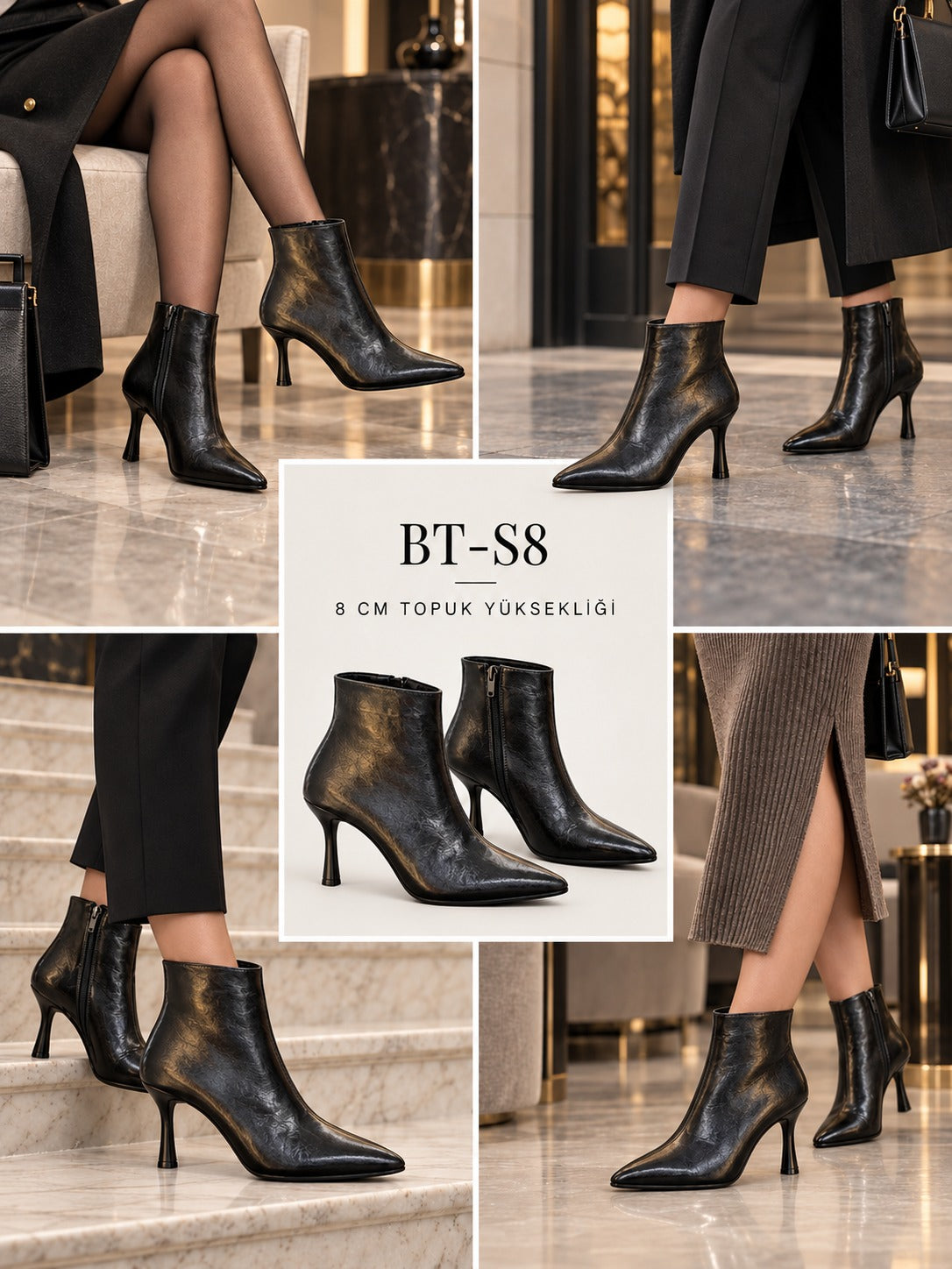 BayTuluk BT-S8 Siyah Yanki Sivri Burun 8 cm Yüksek Topuklu Stiletto Kadın Bot