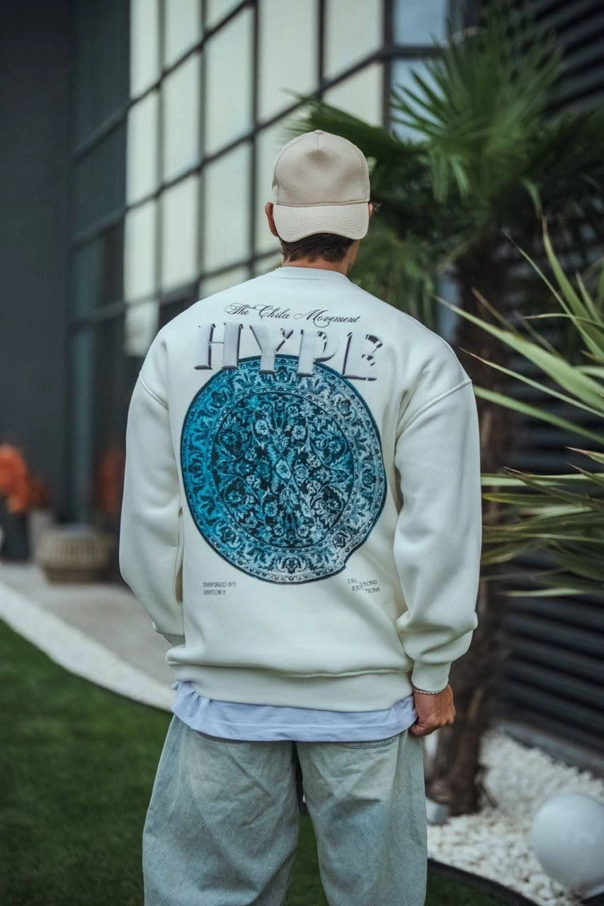 ASSEMA Erkek Üç İplik Bisiklet Yaka Baskılı SweatShirt - Beyaz