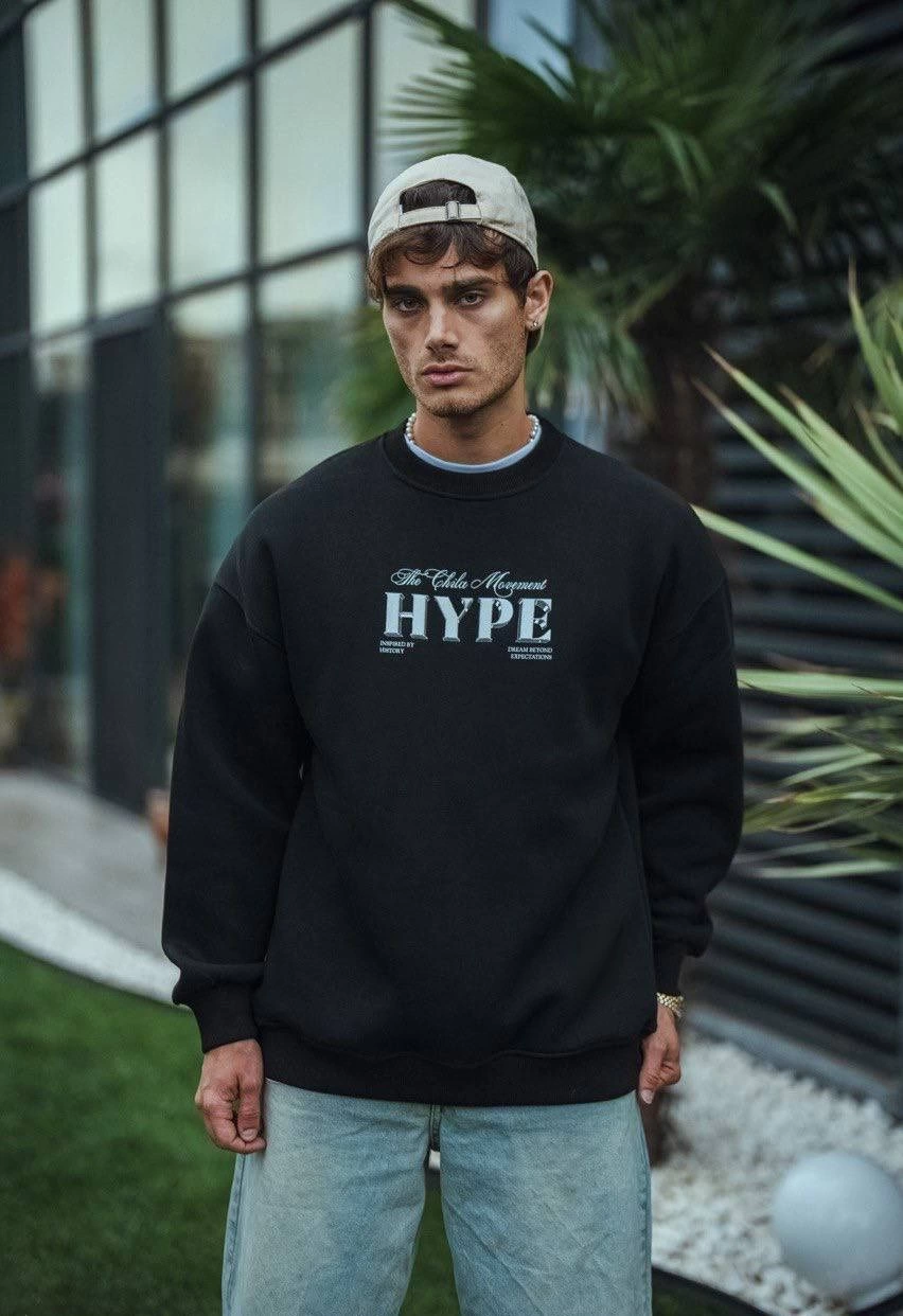 ASSEMA Erkek Üç İplik Bisiklet Yaka Baskılı SweatShirt - Siyah