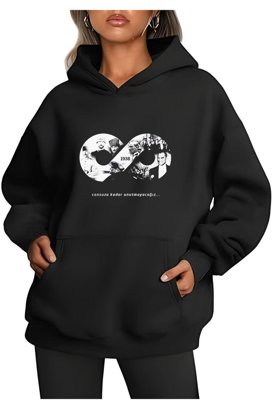 ASSEMA Üç İplik kapüşonlu 10 Kasıma Özel SweatShirt - Siyah