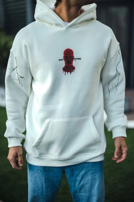ASSEMA Erkek Üç İplik Kapüşonlu Baskılı Oversize SweatShirt- Beyaz